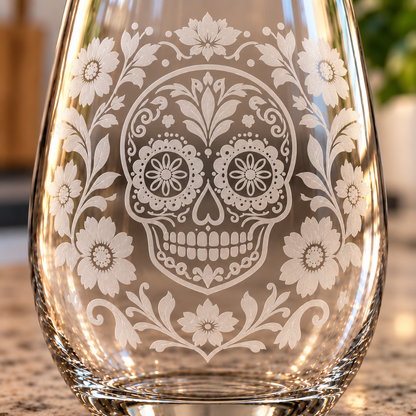 Etched Stemless Wine Glass 20.5oz | Day of the Dead Floral Sugar Skull | Deep Carved Sandblasted Glass | Expressive DeZien