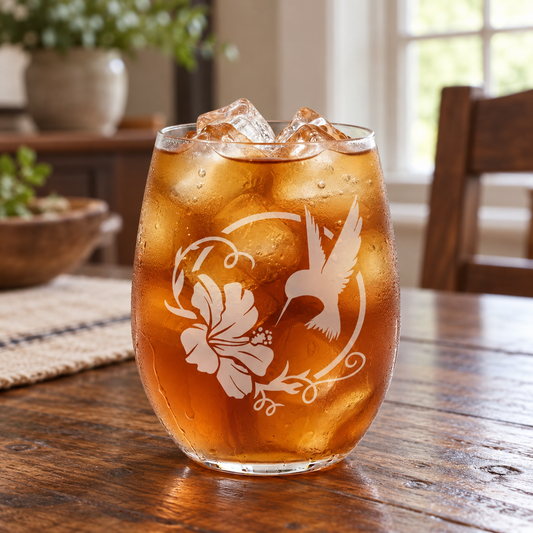 Hummingbird Hibiscus Etched Stemless Wine Glass | 20.5 oz