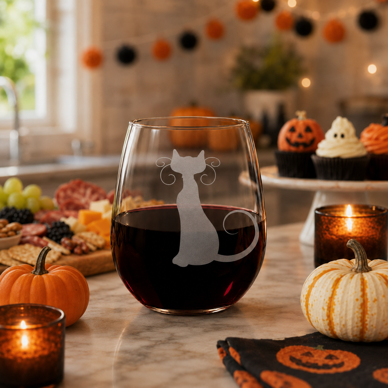 Etched Stemless Wine Glass 20.5oz | Halloween Cat | Deep Carved Sandblasted Glass | Expressive DeZien