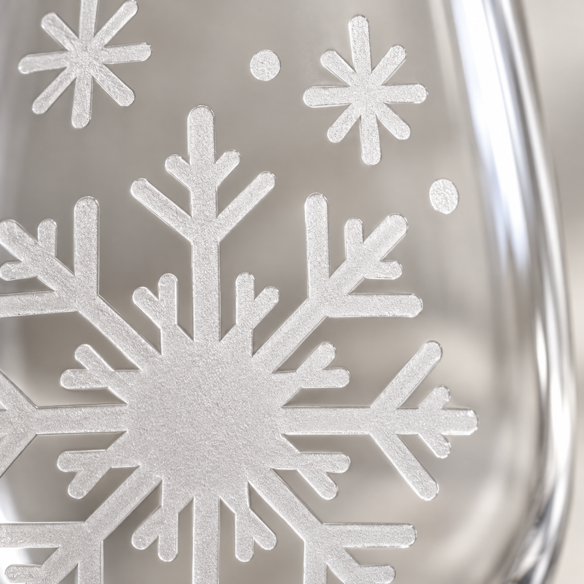 Winter Serenade Snowflake design, permanently sandblasted on a clear 20.5 oz stemless wine glass, product view 2