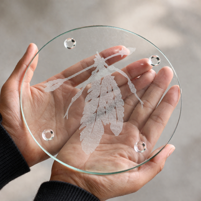 Etched Glass Feather Trivet | Round Cutting Board | Deep Carved Sandblasted Glass | Expressive DeZien