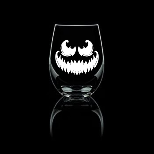 Halloween Creepy Jack O Lantern Etched Stemless Wine Glass 20.5oz - Expressive DeZien 