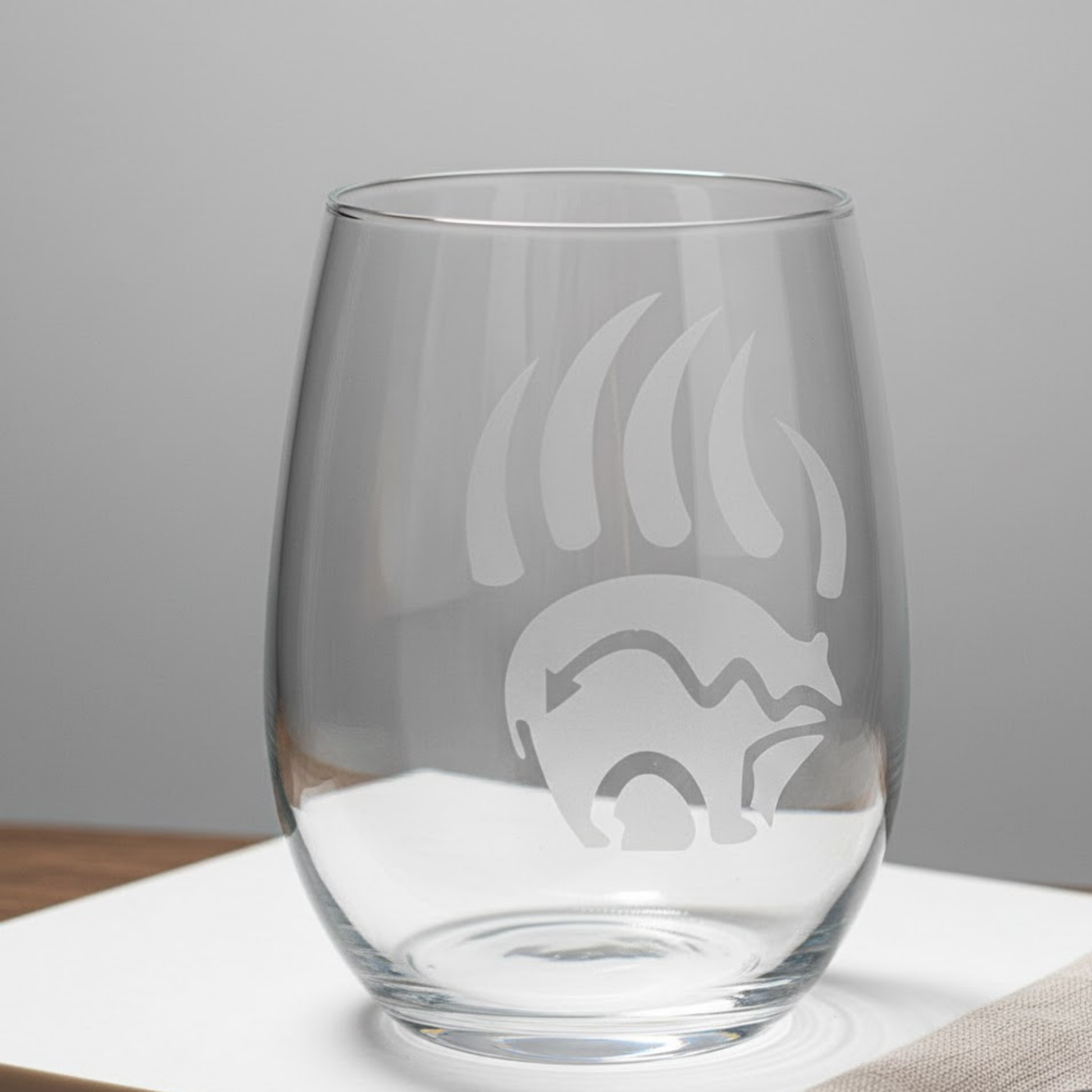 Sand-Carved Bear Claw Stemless Wine Glass (20.5oz) | Unique Bear Etched Glass Gift