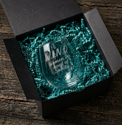 Etched Stemless Wine Glass 20.5oz | W.I.N.O | Deep Carved Sandblasted Glass