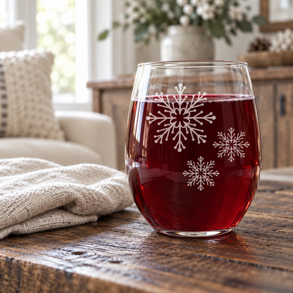 Ice Cascade Snowflake design, permanently sandblasted on a clear 20.5 oz stemless wine glass, product view 4