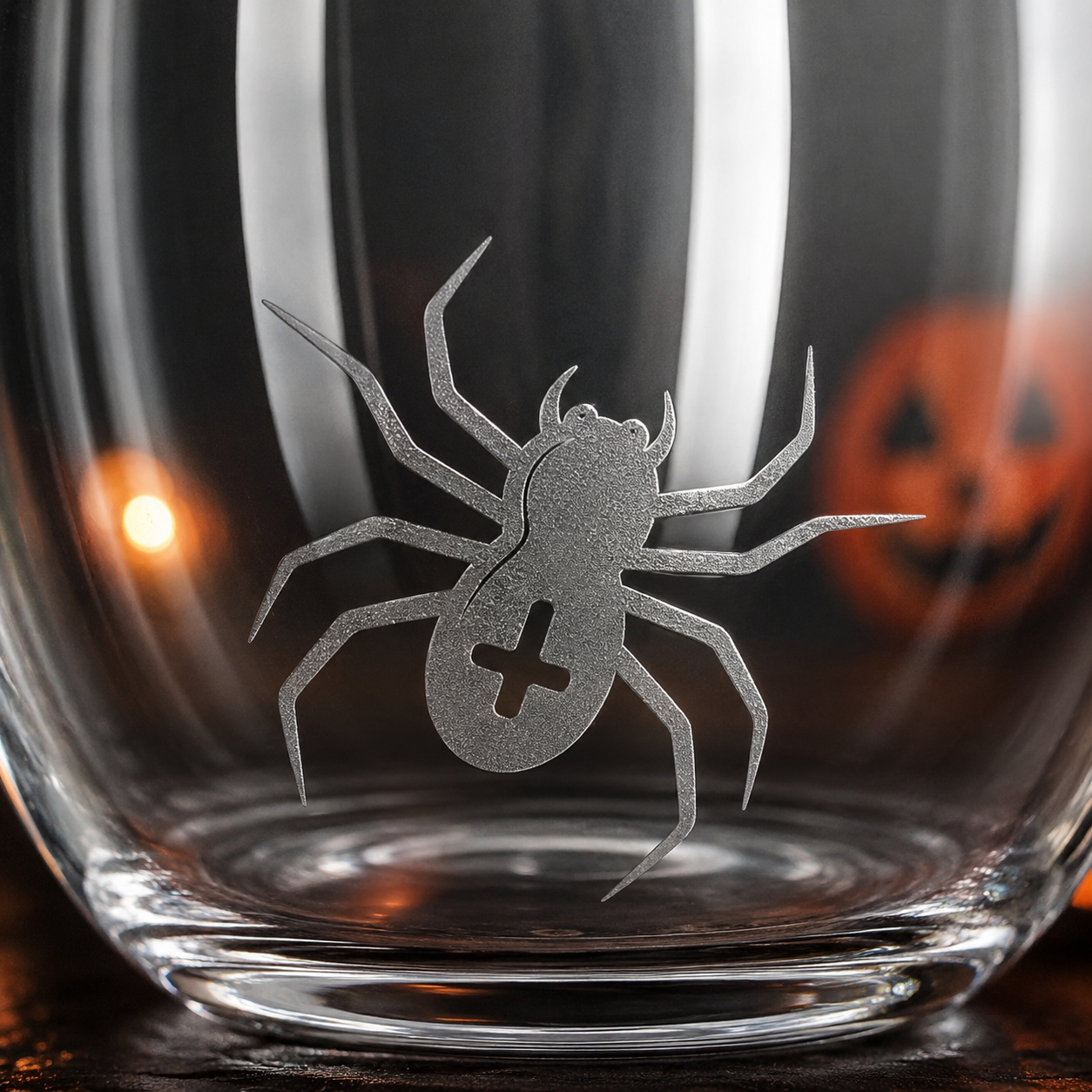Etched Stemless Wine Glass 20.5oz | Halloween Itsy Bitsy Spider | Deep Carved Sandblasted Glass | Expressive DeZien