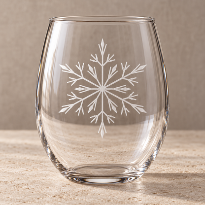 Ice Queen Snowflake design, permanently sandblasted on a clear 20.5 oz stemless wine glass, product view 3