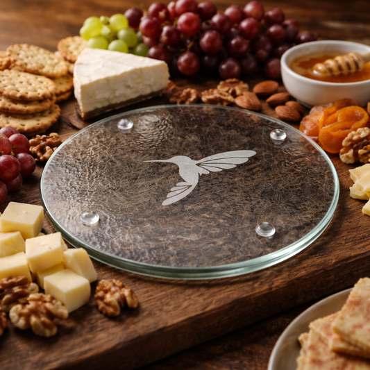 Etched Glass Hummingbird Trivet | Round Cutting Board | Deep Carved Sandblasted Glass | Expressive DeZien