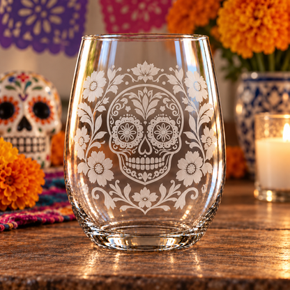 Etched Stemless Wine Glass 20.5oz | Day of the Dead Floral Sugar Skull | Deep Carved Sandblasted Glass | Expressive DeZien