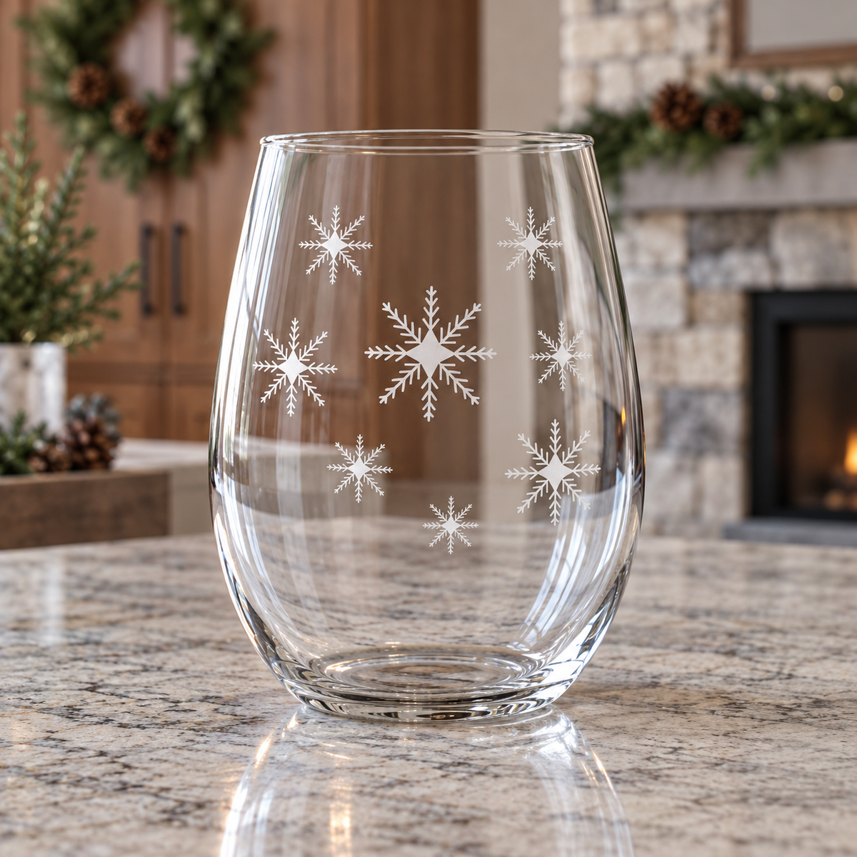 Iridescent Swirl Snowflake design, permanently sandblasted on a clear 20.5 oz stemless wine glass, product view 4