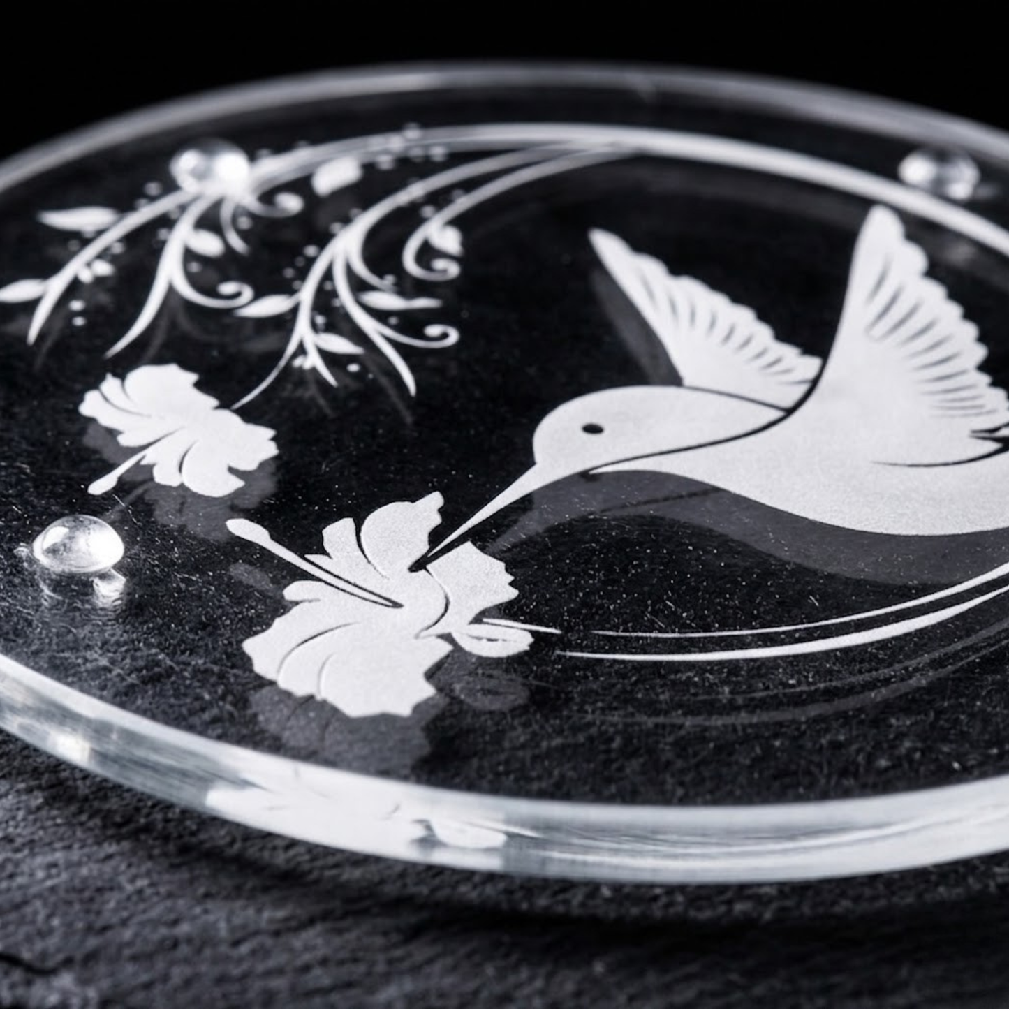 Hand-etched Hummingbird & Morning Glory Glass Trivet | Deep Carved Sandblasted Glass | Expressive DeZien
