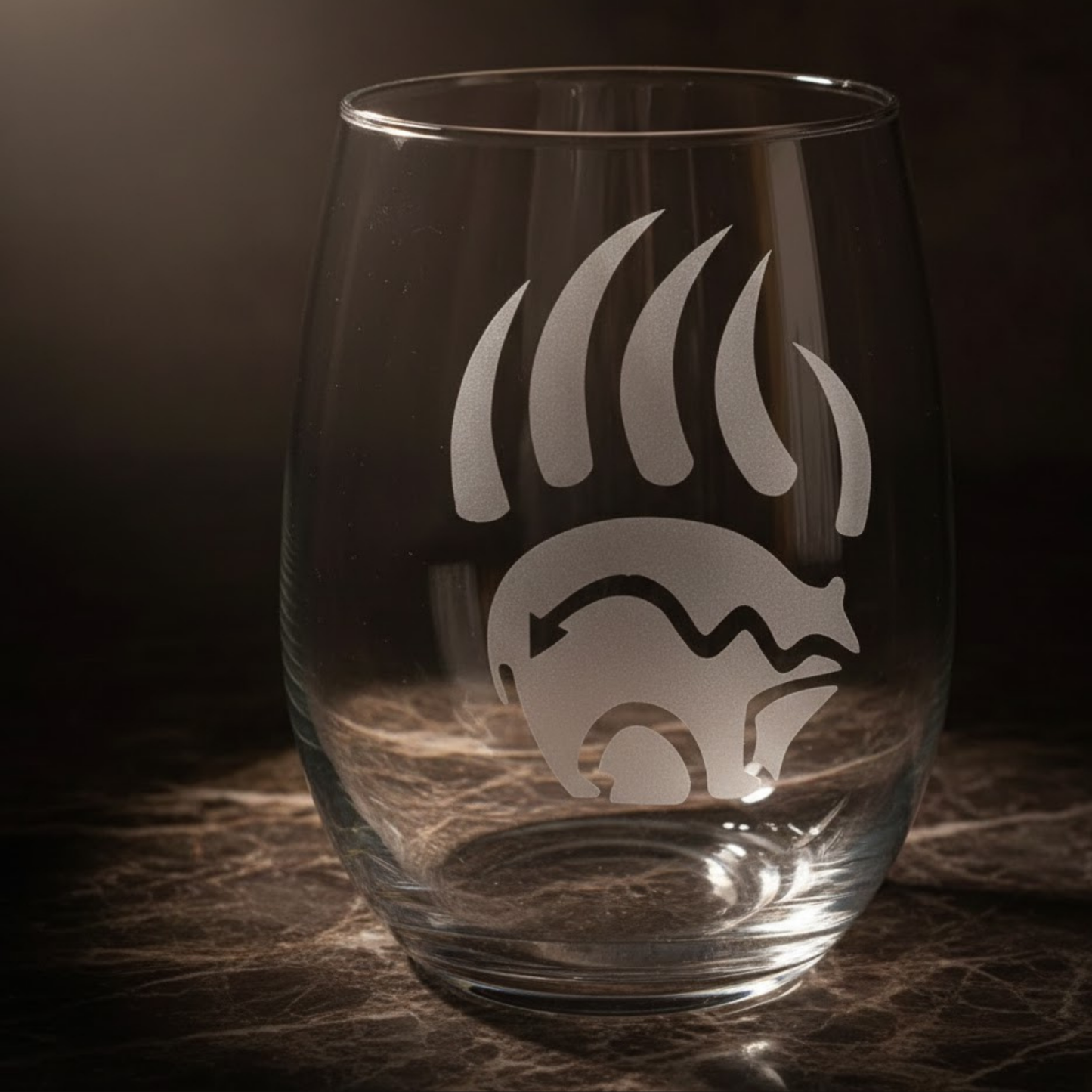 Sand-Carved Bear Claw Stemless Wine Glass (20.5oz) | Unique Bear Etched Glass Gift