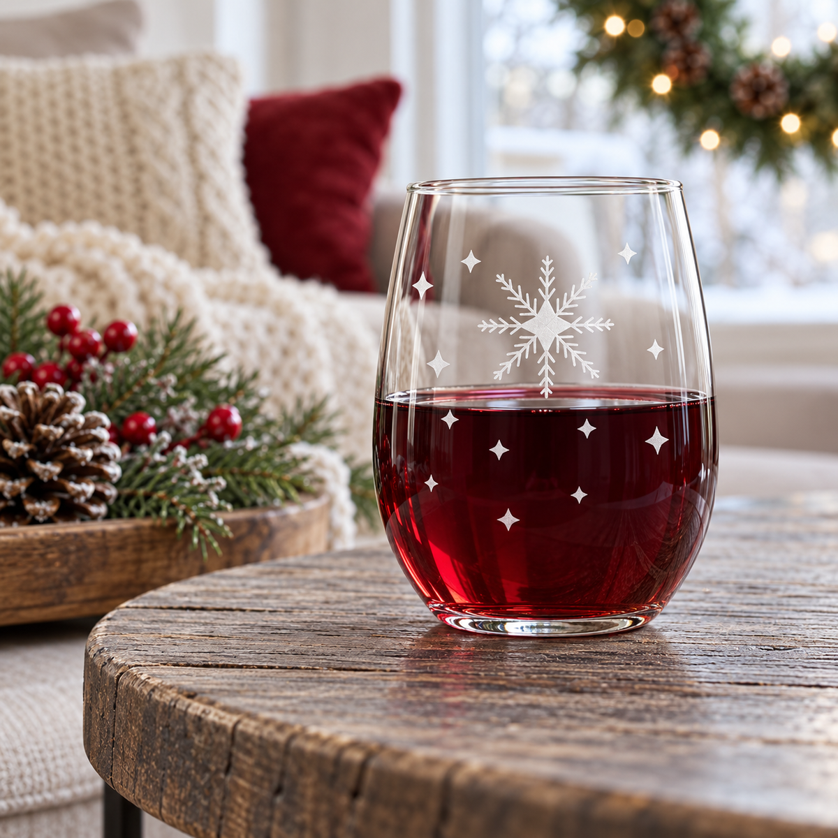 Arctic Lace Whisper Snowflake design, permanently sandblasted on a clear 20.5 oz stemless wine glass, product view 1