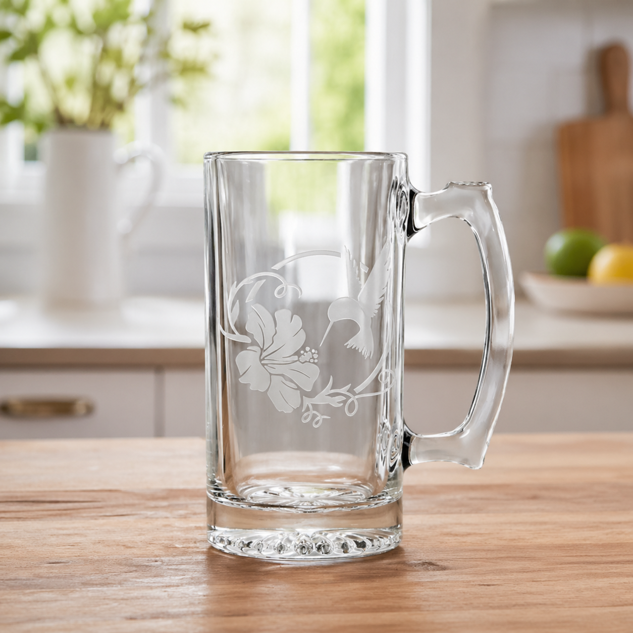 Etched Tavern Beer Mug 26.5oz | Hummingbird Hibiscus | Deep Carved Sandblasted Glass | Expressive DeZien