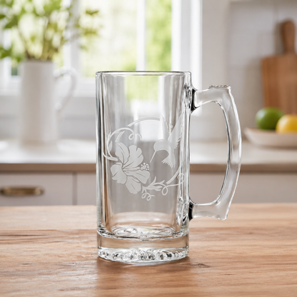 Etched Tavern Beer Mug 26.5oz | Hummingbird Hibiscus | Deep Carved Sandblasted Glass | Expressive DeZien