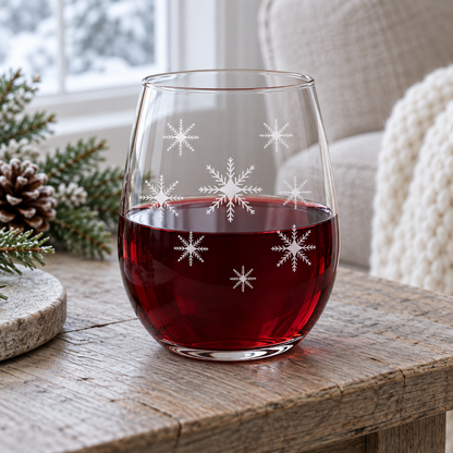 Iridescent Swirl Snowflake design, permanently sandblasted on a clear 20.5 oz stemless wine glass, product view 1