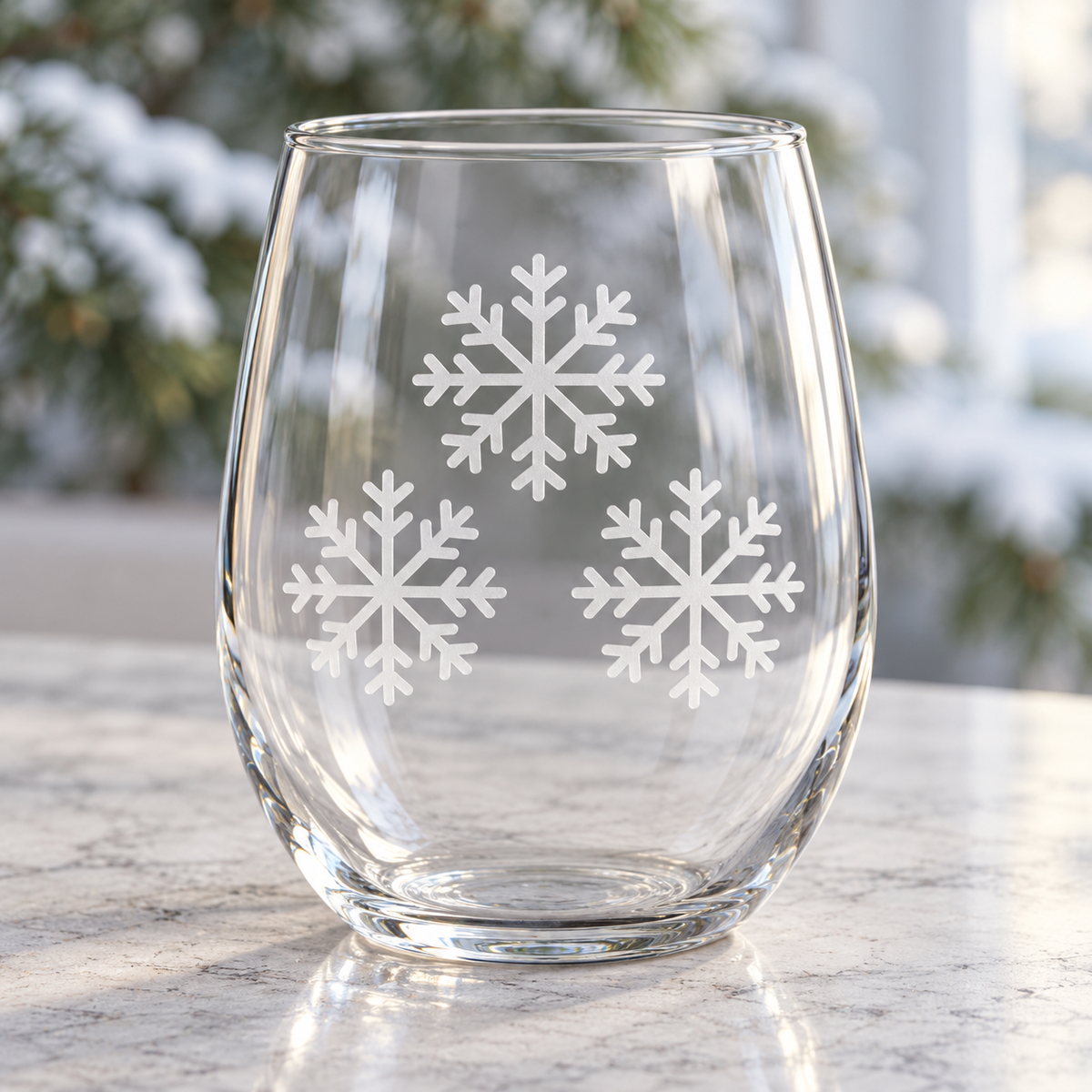 Frosty Lace Snowflake design, permanently sandblasted on a clear 20.5 oz stemless wine glass, product view 3