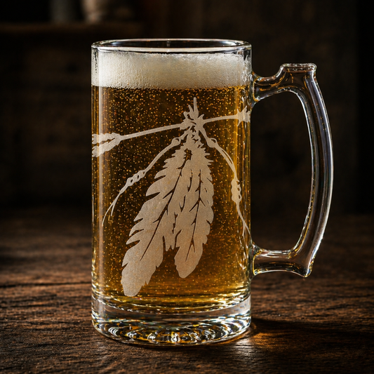 Etched Tavern Beer Mug 26.5oz | Two Feathers | Deep Carved Sandblasted Glass | Expressive DeZien