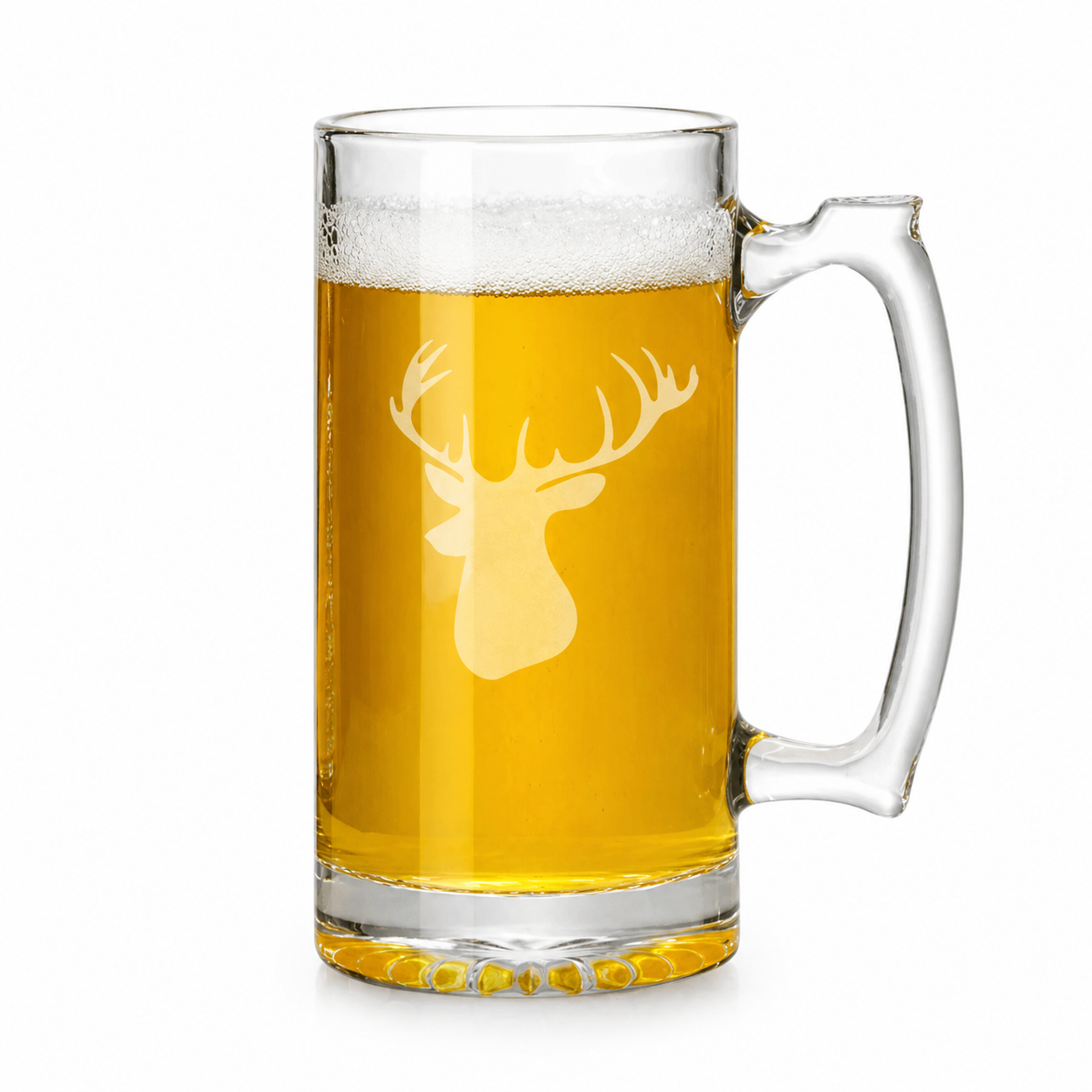 Etched Tavern Beer Mug 26.5oz | Buck Mount Head | Deep Carved Sandblasted Glass | Expressive DeZien