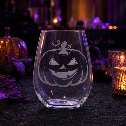 Etched Stemless Wine Glass 20.5oz | Halloween Pumpkin | Deep Carved Sandblasted Glass | Expressive DeZien