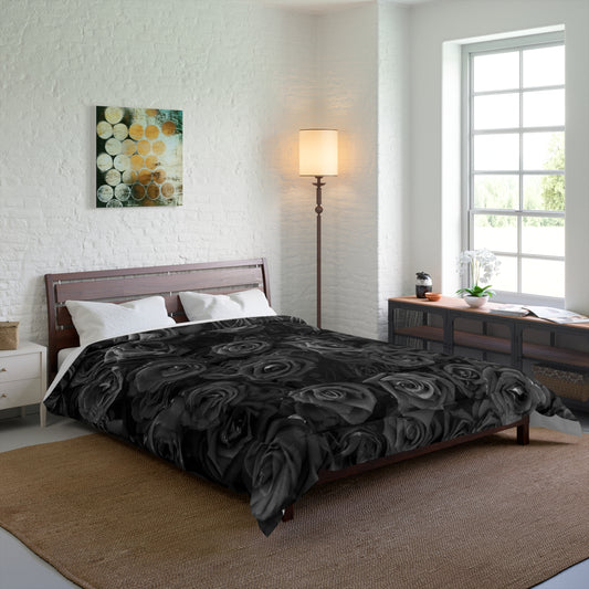 Black Monochrome Roses Comforter - Luxurious Floral Bedding for Cozy Atmosphere