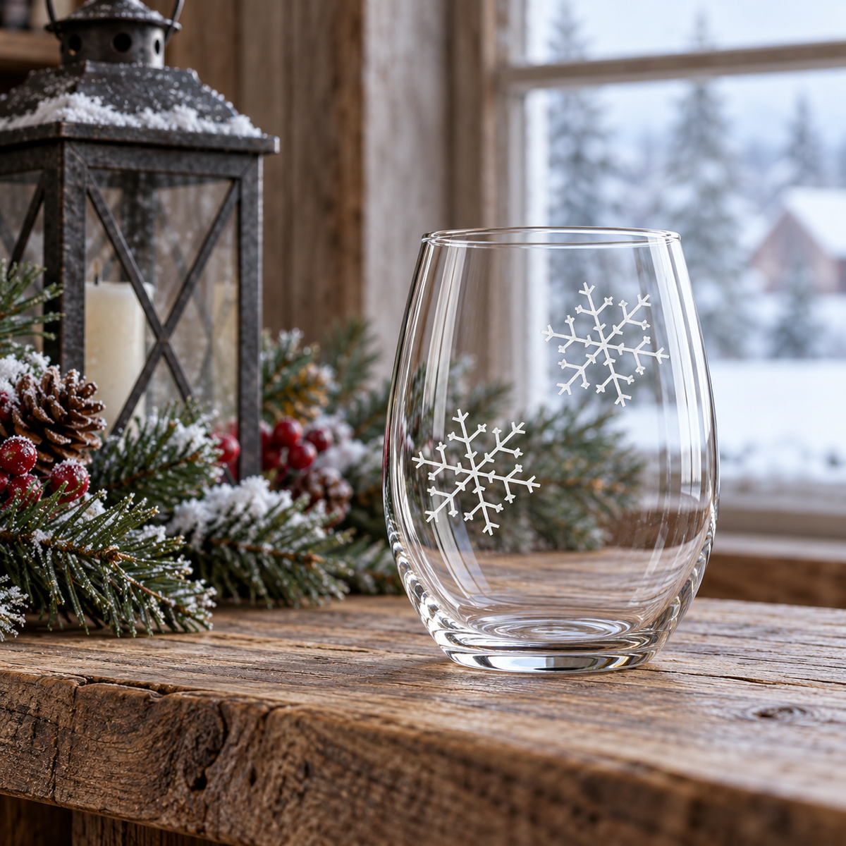 Arctic Elegance Snowflake design, permanently sandblasted on a clear 20.5 oz stemless wine glass, product view 3