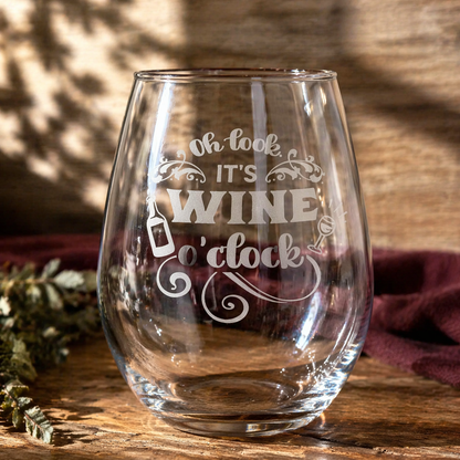 Etched Stemless Wine Glass 20.5oz | Oh Look It's Wine O'Clock | Deep Carved Sandblasted Glass