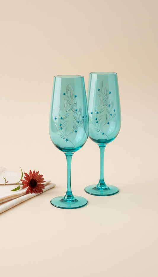 Wedding Toasting Glass Set with Turquoise Etching