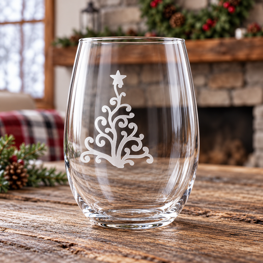 Frosted Christmas Tree Etched Stemless Wine Glass | 20.5 oz