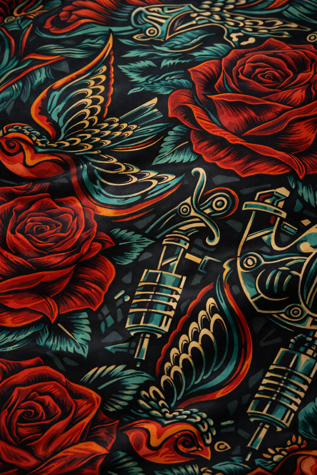 Vintage tattoo comforter with red roses swallows and anchors on black background