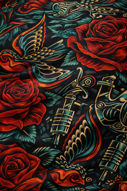 Vintage tattoo comforter with red roses swallows and anchors on black background