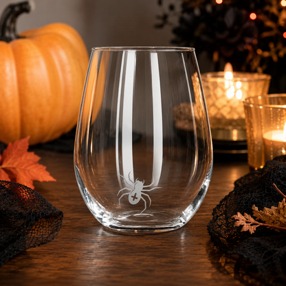 Etched Stemless Wine Glass 20.5oz | Halloween Itsy Bitsy Spider | Deep Carved Sandblasted Glass | Expressive DeZien