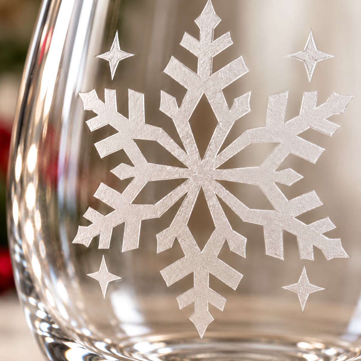 Retro Snowfall geometric snowflake deep sandblasted on a clear 20.5 oz stemless wine glass, product photograph 2
