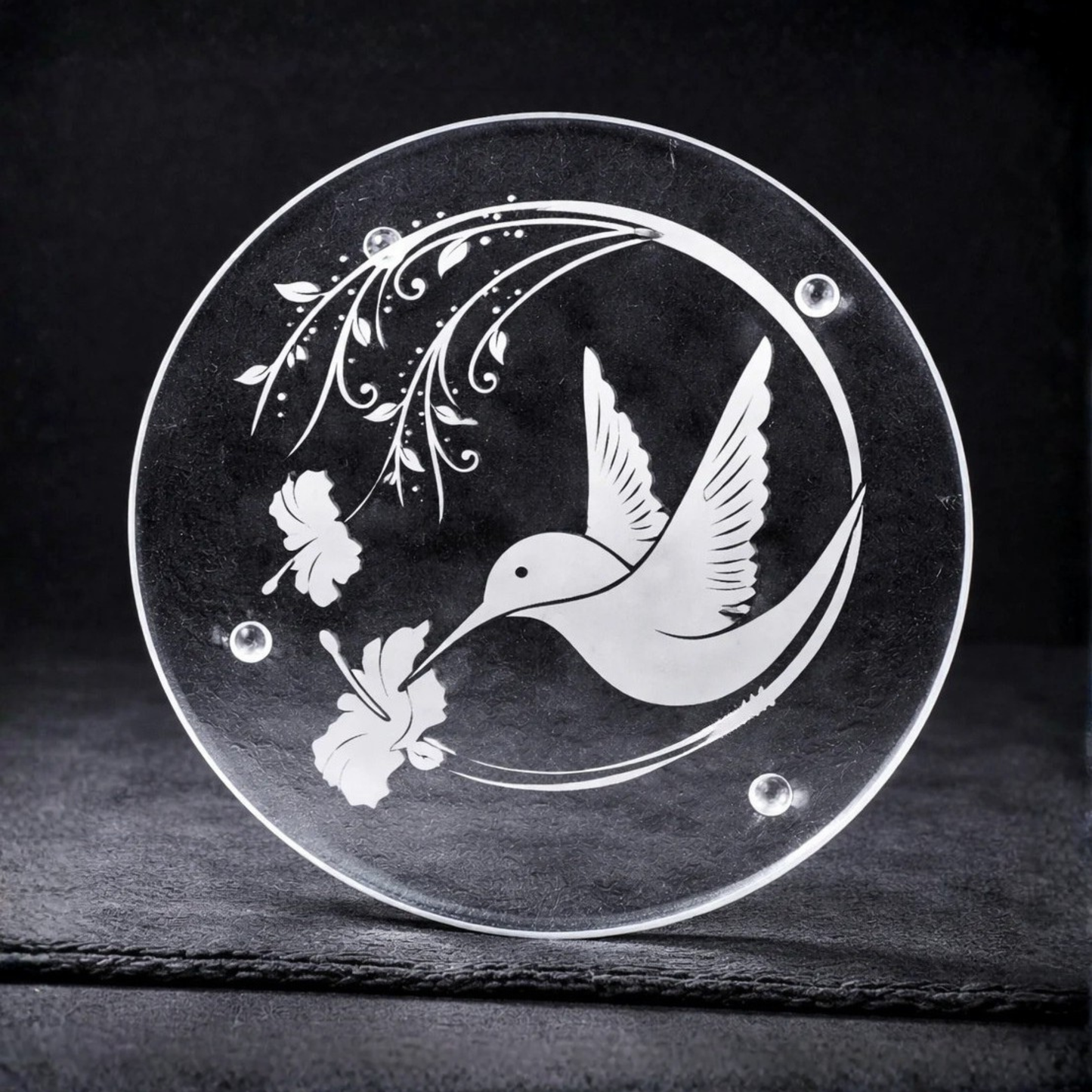 Hand-etched Hummingbird & Morning Glory Glass Trivet | Deep Carved Sandblasted Glass | Expressive DeZien