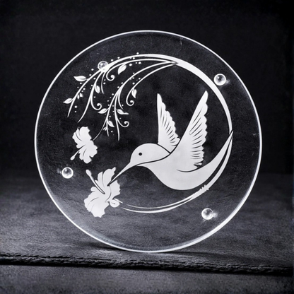Hand-etched Hummingbird & Morning Glory Glass Trivet | Deep Carved Sandblasted Glass | Expressive DeZien