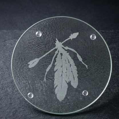 Etched Glass Feather Trivet | Round Cutting Board | Deep Carved Sandblasted Glass | Expressive DeZien