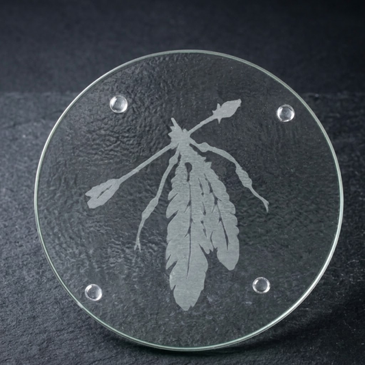 Etched Glass Feather Trivet | Round Cutting Board | Deep Carved Sandblasted Glass | Expressive DeZien