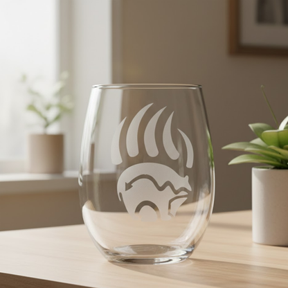 Sand-Carved Bear Claw Stemless Wine Glass (20.5oz) | Unique Bear Etched Glass Gift