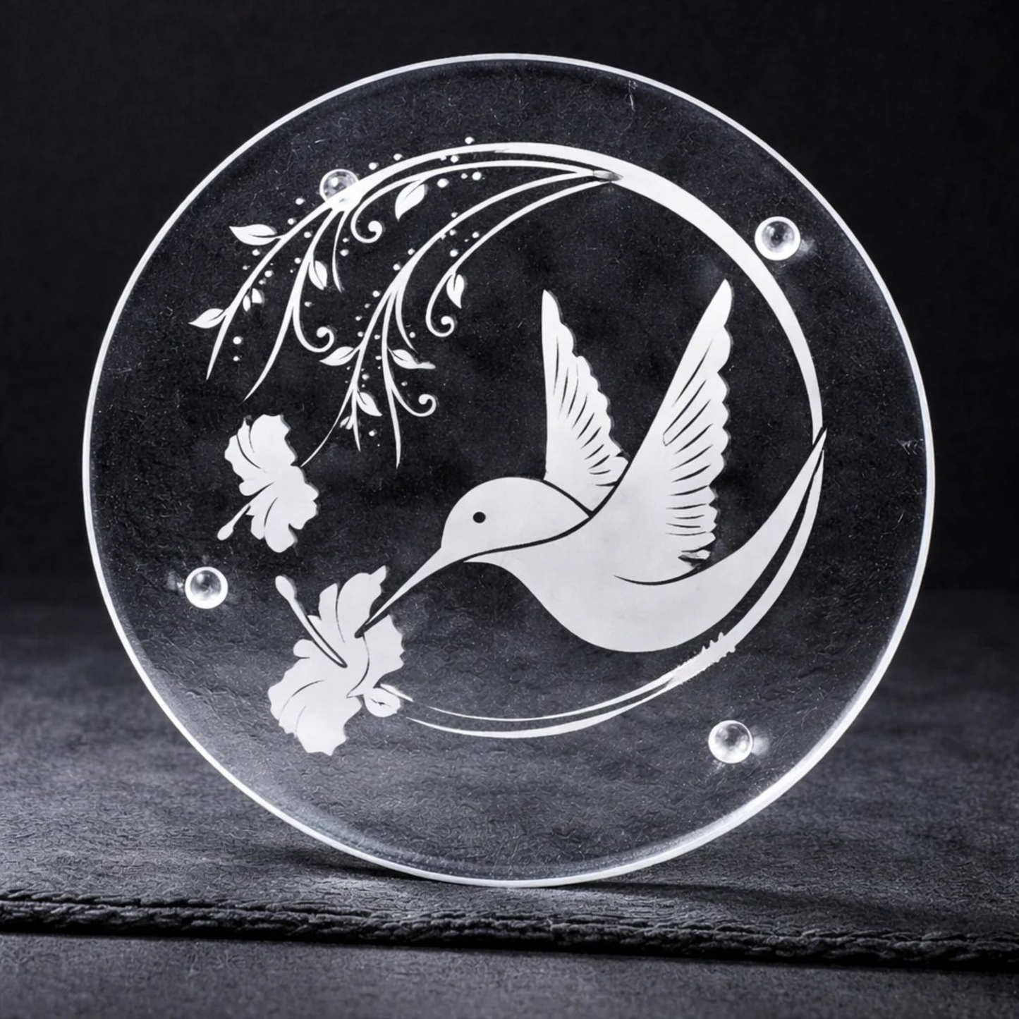 Hand-etched Hummingbird & Morning Glory Glass Trivet | Deep Carved Sandblasted Glass | Expressive DeZien
