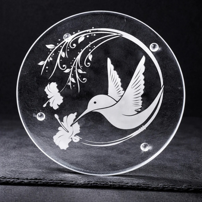 Hand-etched Hummingbird & Morning Glory Glass Trivet | Deep Carved Sandblasted Glass | Expressive DeZien