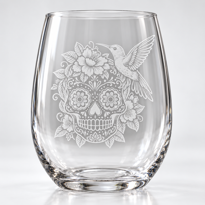 Etched Stemless Wine Glass 20.5oz | Day of the Dead Hummingbird Hibiscus Sugar Skull | Deep Carved Sandblasted Glass | Expressive DeZien