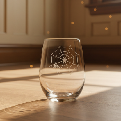 Etched Stemless Wine Glass 20.5oz | Spider Web | Deep Carved Sandblasted Glass | Expressive DeZien