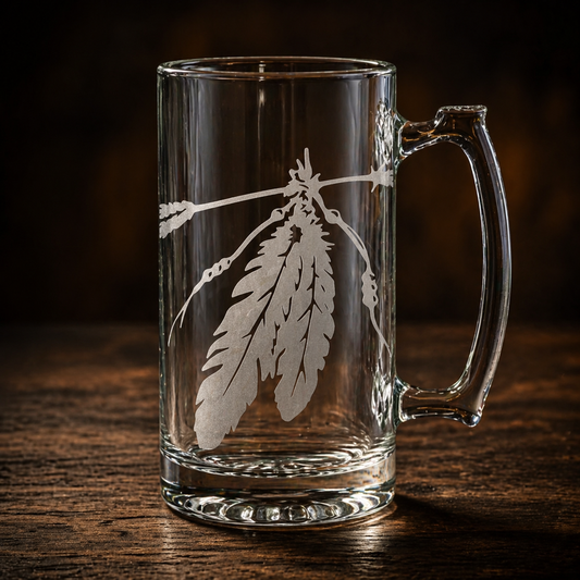Etched Tavern Beer Mug 26.5oz | Two Feathers | Deep Carved Sandblasted Glass | Expressive DeZien