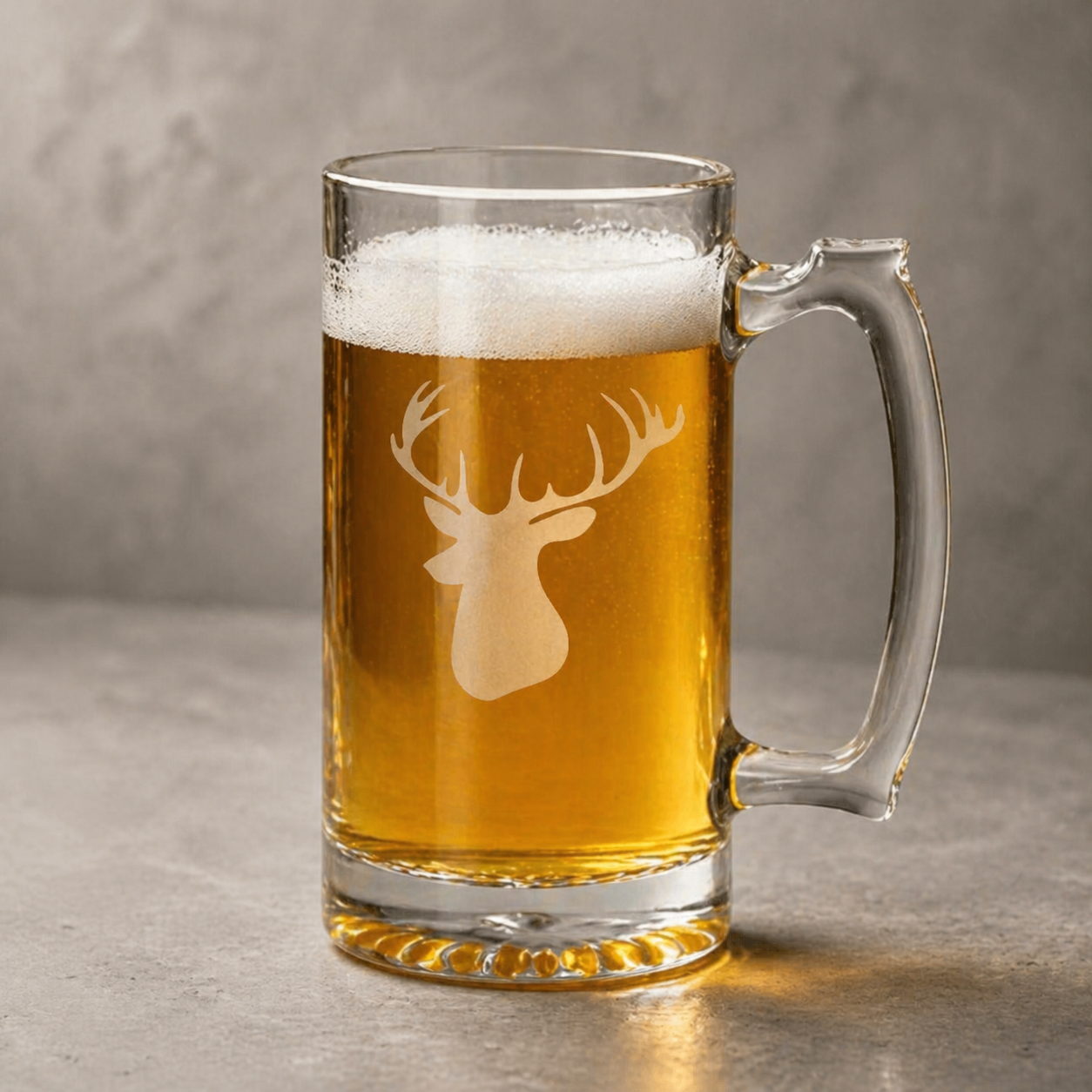 Etched Tavern Beer Mug 26.5oz | Buck Mount Head | Deep Carved Sandblasted Glass | Expressive DeZien