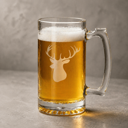 Etched Tavern Beer Mug 26.5oz | Buck Mount Head | Deep Carved Sandblasted Glass | Expressive DeZien