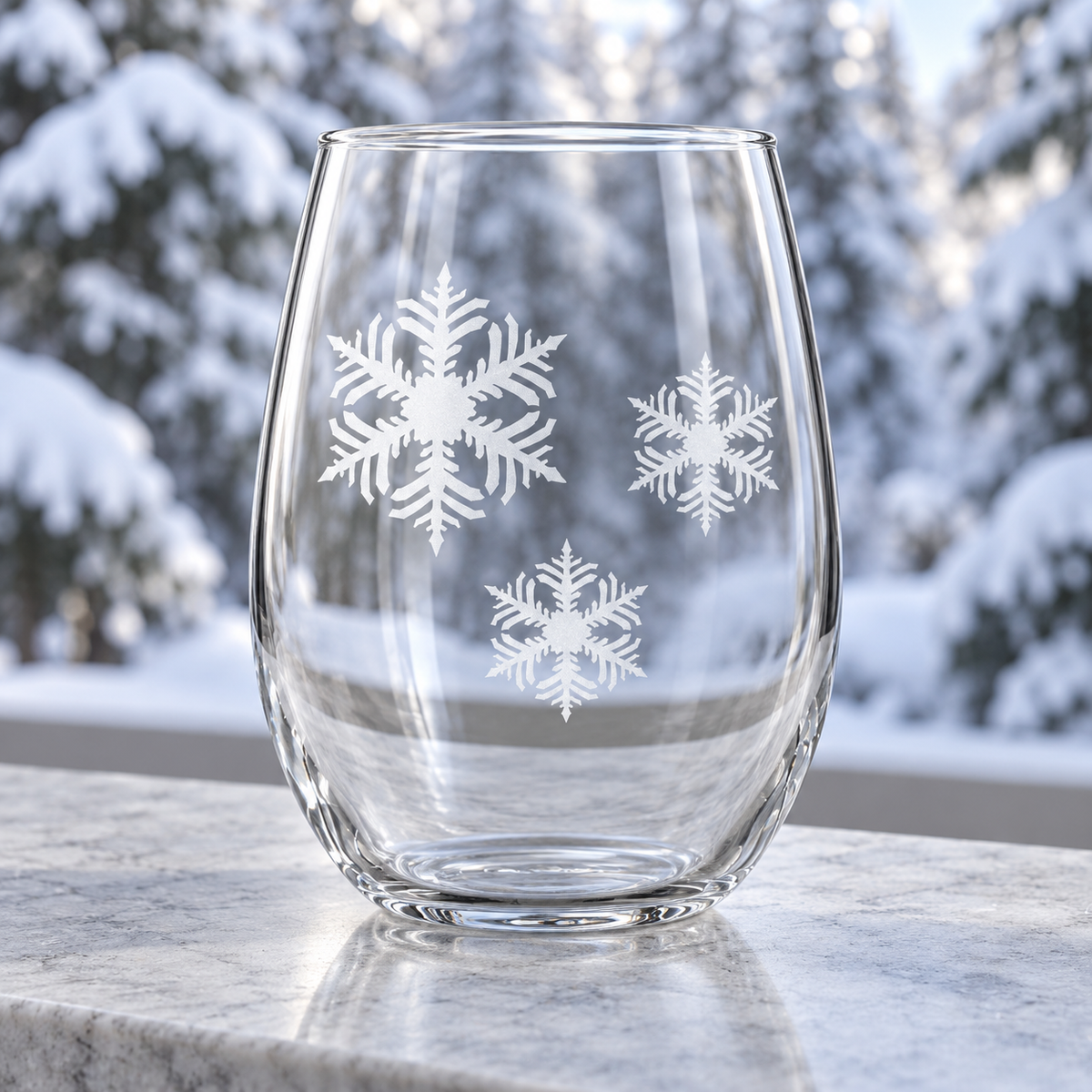 Celestial Frost Snowflake design, permanently sandblasted on a clear 20.5 oz stemless wine glass, product view 4