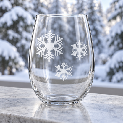 Celestial Frost Snowflake design, permanently sandblasted on a clear 20.5 oz stemless wine glass, product view 4