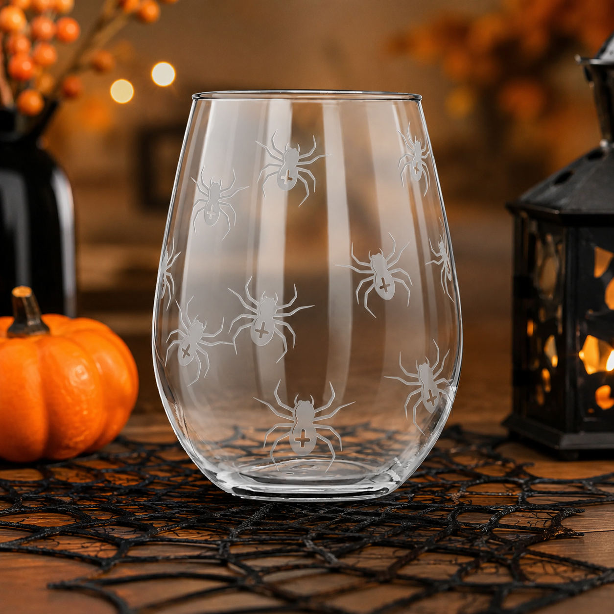 Etched Stemless Wine Glass 20.5oz | Spiders | Deep Carved Sandblasted Glass | Expressive DeZien