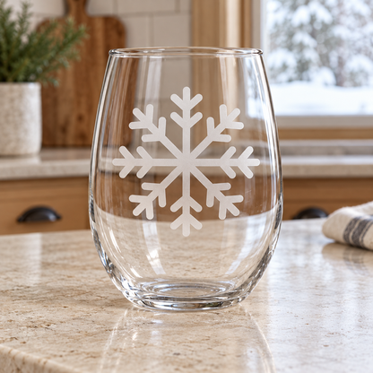Winter's Whisper Snowflake design, permanently sandblasted on a clear 20.5 oz stemless wine glass, product view 3