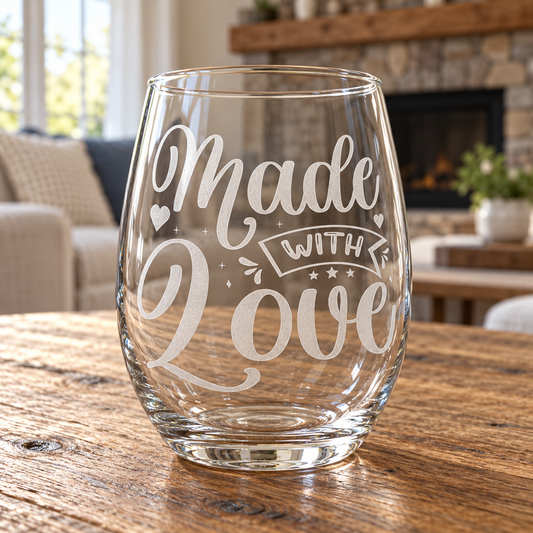 Made with Love Hearts & Banner etched stemless wine glass. Empty glass showing hearts, stars, and a banner.
